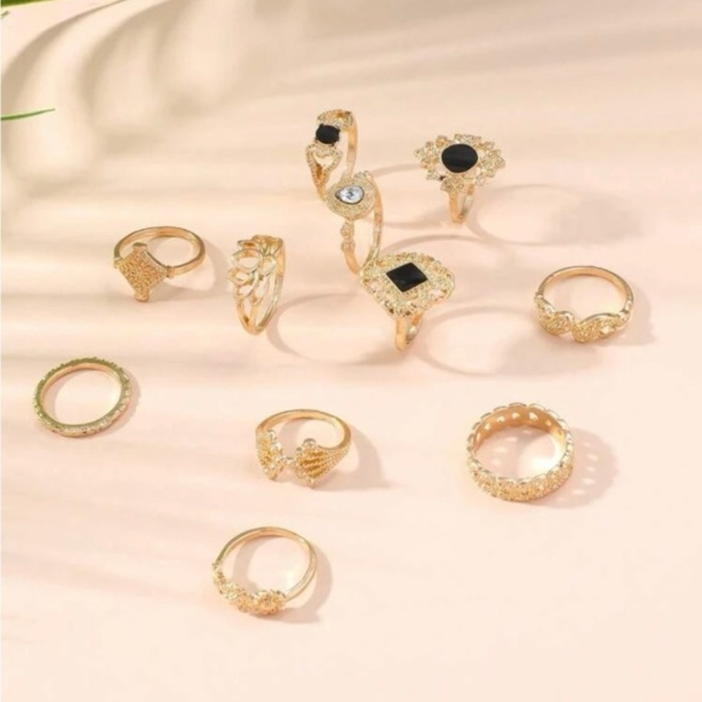 Gold 11pc Rhinestone Geometric Ring Set - Picture 2 of 2